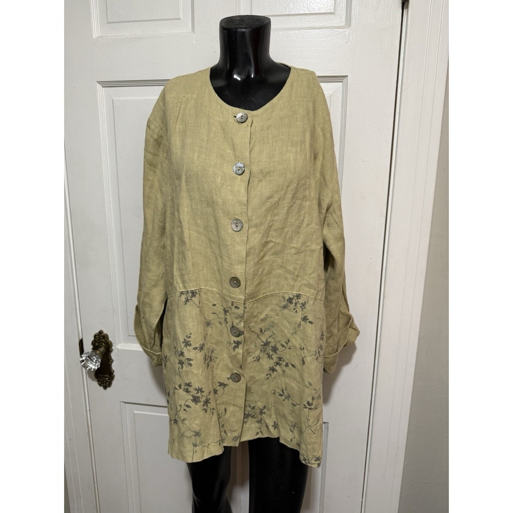 New Palette Soft Green Linen Long Sleeve Womens Jacket Shirt Floral Button